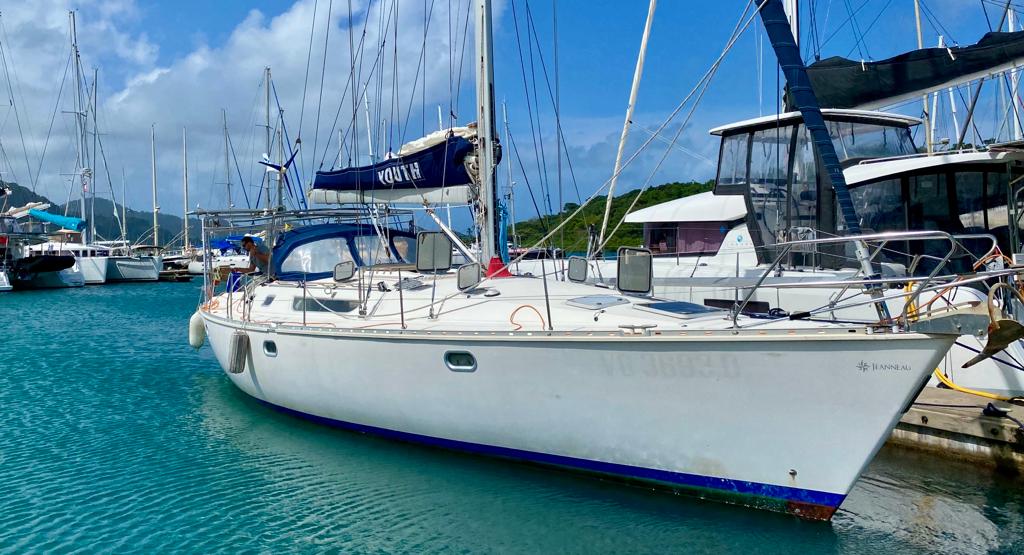 Sun Odyssey 45 sailboat docked at a marina in San Blas, Panama