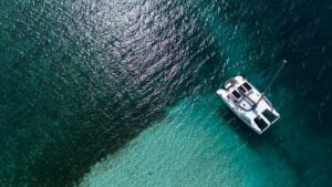 Luxury catamaran anchored in San Blas Island lagoon
